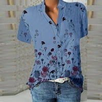 Врвови на женски кратки ракави печатени блузи обични жени летни маици со врат со сина боја 2xl