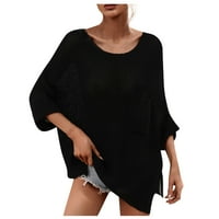 Женска Мода Секојдневен Кружен Врат Кратко Видете Плетена Еднобојна Лабава Пуловер Џемпер Црна С