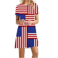 Дијанли Жени 4 јули Американско Знаме Мода Краток Ракав Екипажот Вратот Фустан Туника Летна Плажа Партија Пуловер Мини Фустани