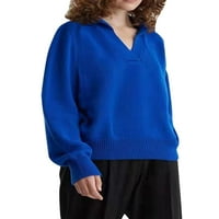 Жените V Вратот Јака Кошули Долги Ракави Плетени Лабава Фитинг Топла Маичка Блузи Пуловер Џемпери