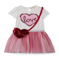 Btween на девојчињата 4- Ден на в Valentубените Loveубов Sequin краток ракав Туту фустан со срцева чанта, 2-парчиња