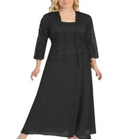 Bomotoo жени костум јака макси фустани чипка за шиење обична две облека за одмор обична цврста боја кардиган фустан сет црна