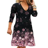 Женска Кошула Со В-врат Фустан Со Долги Ракави Цветни Секојдневни Фустани Со А-Линија Виолетова 3XL
