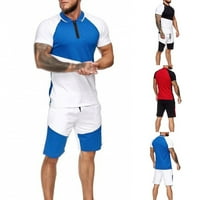 Мажите Zip Lapel кратки ракави, поставени спортски врвови шорцеви облеки во мускулна салата сина XL