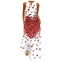 Дозвола Летни Фустани За Жени Изрез Вратот Макси Повик А-Линија Печатени Ракави Фустан Црвена 3XL