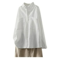 Вендинид дуксери за жени жени обични цврсти V-вратови блуза обична кошула со долг ракав џеб копче врвови женски маици бели xxl