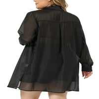 Единствени договори за женски плус големина со долга ракав копче надолу по црни чисти блузи