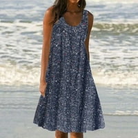 Женски без ракави отпечатоци фустан летен фустан лабав фустан фустан од плажа, фустан, фустан, избришан флори миди фустан, фустан