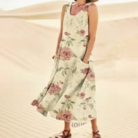 Летни фустани А-линија печатени без ракави макси-V-вратот летни фустани жешки фустани за продажба женски фустан розов м