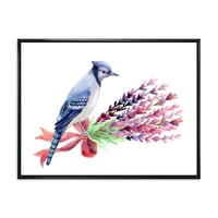 DesignArt 'Blue Jay Bird on Bouquet of Pink Flowers, традиционално врамено платно wallидовно печатење