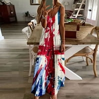 Денот Независноста Жените Мода Прашка Средината на половината V-Вратот Ракави Лента Печатење Тенок Плажа Долг Фустан, Летни