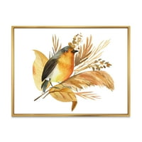 DesignArt 'Есенски цвеќиња и Робин Птица' Традиционална врамена платна wallидна уметност печатење