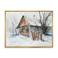 DesignArt „Стара напуштена дрвена куќа во зимска снежна слика“ Традиционална врамена платно wallидна уметност печатење